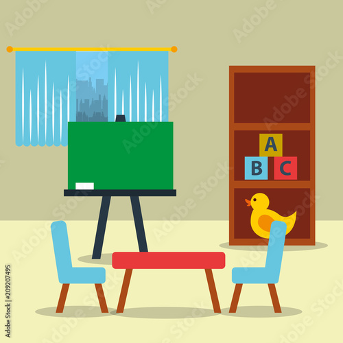 classroom kinder chalkboard table chair toys vector illustration