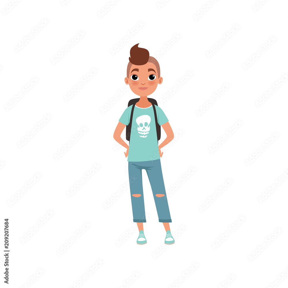 Schoolboy, student of school with backpack, stage of growing up concept vector Illustration on a white background