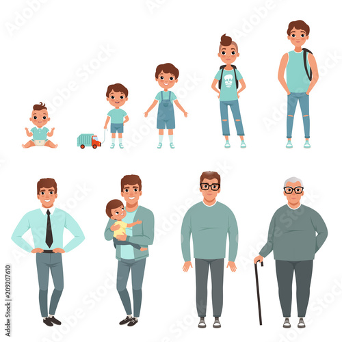 Life cycles of man, stages of growing up from baby to man vector Illustration
