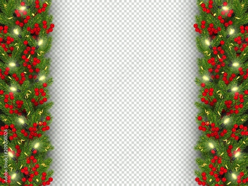 Christmas and New Year banner of realistic branches of Christmas tree, garland with glowing lightbulbs, holly berries, serpentine