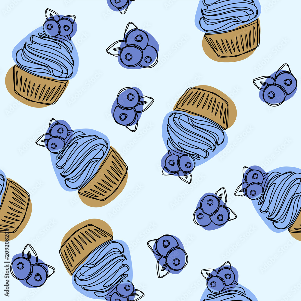 Cupcakes hand drawn seamless pattern. Cupcake with blueberries, vintage colorful food sketches. Cupcakes hand drawn seamless pattern. Cupcake with blueberries, vintage colorful food sketches.