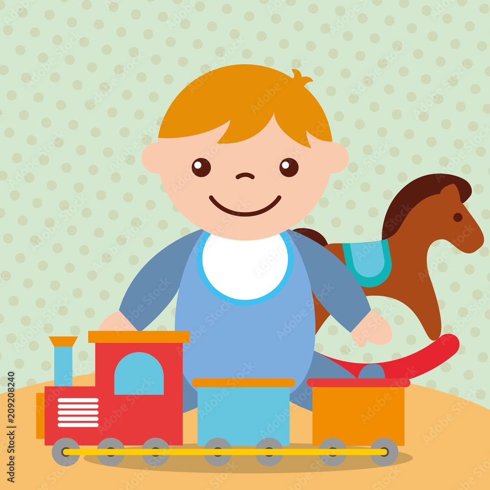 cute toddler boy with rocking horse train wagons toys vector illustration