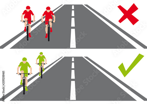 Safety on the road, two bycicles, how behave on the road, cyclists are running side by side and talking and cyclists are going behind, red and green, correct versus incorrect way, model situations