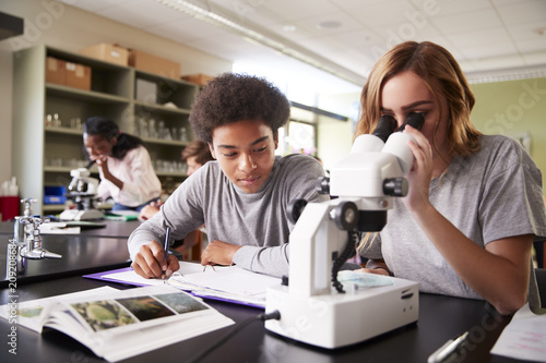 High School Students Looking Through Microscope In Biology Class Fotobehang