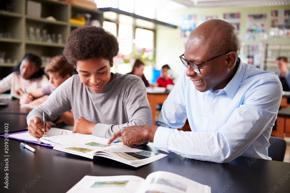 High School Tutor Sitting At Desk With Male Student In Biology Class High School Tutor Sitting At Desk With Male Student In Biology Class