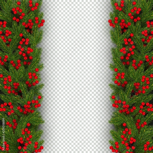 Christmas banner template with vertical border of realistic branches of Christmas tree and holly berries