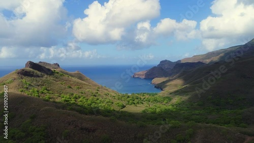 Aerial view of coast of Nuku Hiva island - South Pacific Ocean, Marquesas Islands, landscape of French Polynesia from above, 4k photo