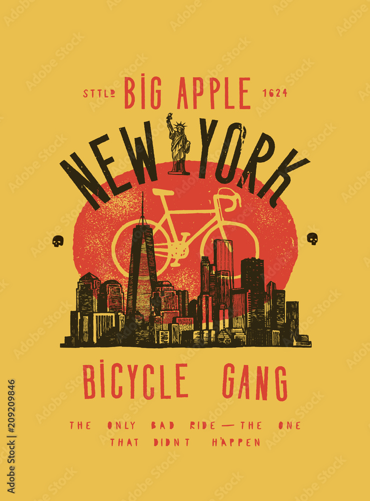 Naklejka premium New York bicycle - vintage NYC skyscraper sityscape typography print