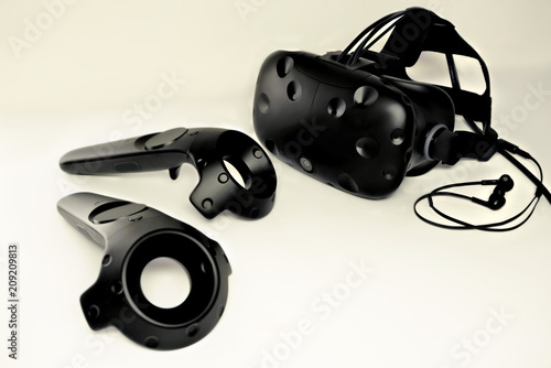 A closeup of a VR virtual reality headset on a white background photo