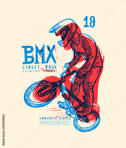 Fotografia, Obraz bmx extreme bicycle tricks - grungy vintage typography t-shirt print