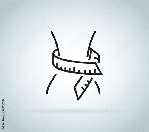 Waist flat icons. Slim fitness woman body with measuring tape. Weight loss diet waistline symbol