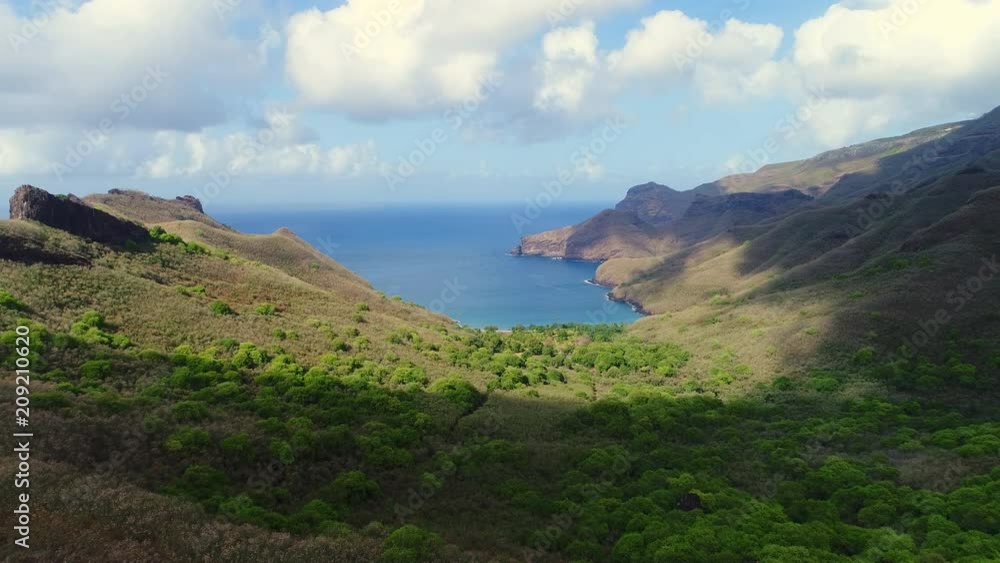 Aerial view of coast of Nuku Hiva island - South Pacific Ocean, Marquesas Islands, landscape of French Polynesia from above, 4k Aerial view of coast of Nuku Hiva island - South Pacific Ocean, Marquesas Islands, landscape of French Polynesia from above, 4k