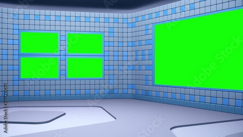 The virtual broadcasting studio with green screen area. Camera movement is included. UHD - 4K - 3D Rendering