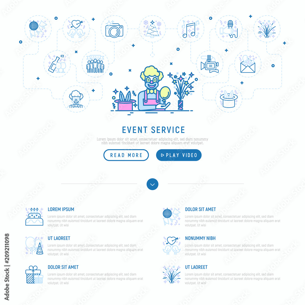 Naklejka premium Event services concept: clown with balloon and hat with rabbit. Thin line icons: kids party, gifts, birthday, magician, videographer, party invitation, music. Vector illustration, web page template.