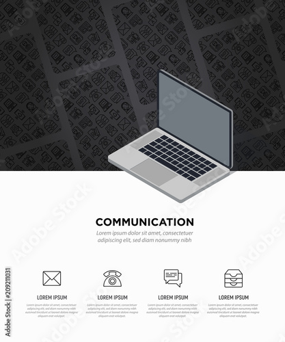 Communication concept, template with opened laptop and thin line icons: email, phone, chat, contacts, comment, inbox, translator, presentation, message, screen share, support. Vector illustration.