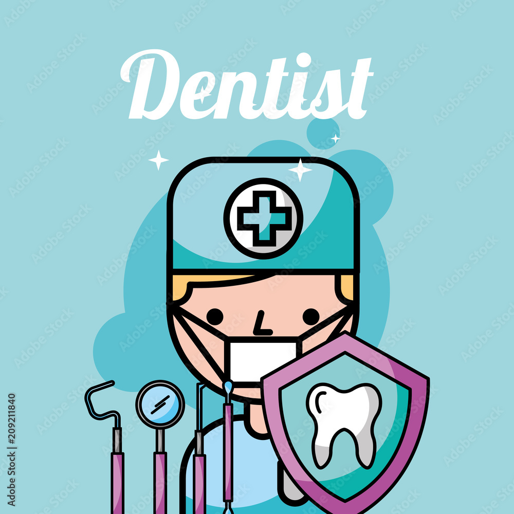 dentist boy tooth protection instrument care vector illustration