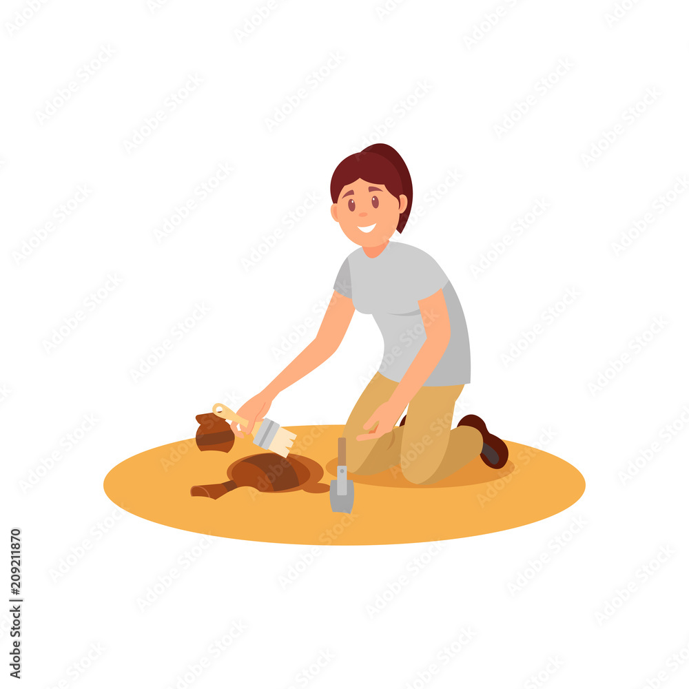 Young smiling woman sweeping dirt off ancient ceramic jug. Archaeologist working on excavation. Flat vector design