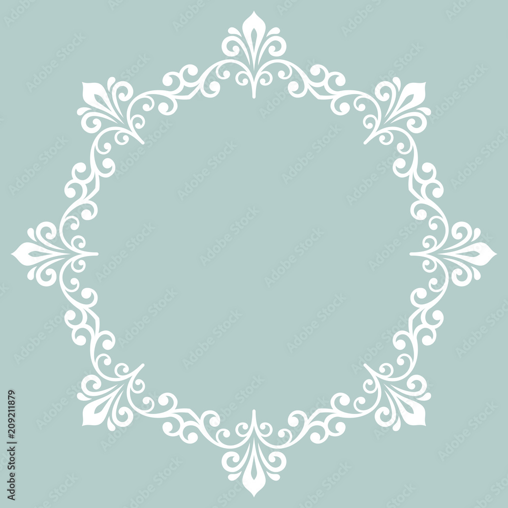 Oriental round white frame with arabesques and floral elements. Floral border with vintage pattern. Greeting card with place for text