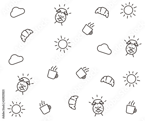 Cute morning seamless pattern background. Vector wallpaper illustration with clouds, the sun, breakfast elements like mug and croissant, alarm clock happy character smiling.