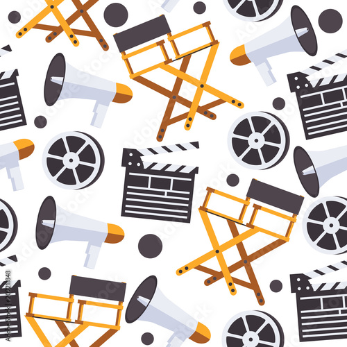 Seamless pattern with film making design. Directors chair, clapper, bobbin on white background.