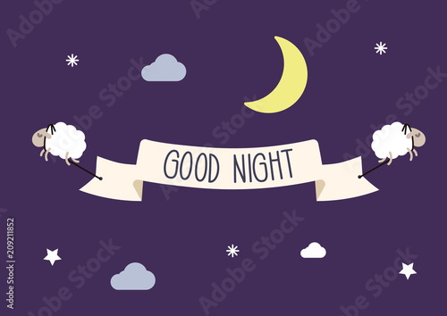 Flying lambs on a stairy sky with the moon and clouds with a Good Night message on a ribbon. Cute vector illustration