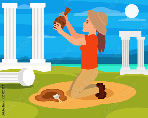 Woman archaeologist with old ceramic jug in hands. Archaeological excavations in Greece. Columns, sea and blue sky on background. Flat vector design