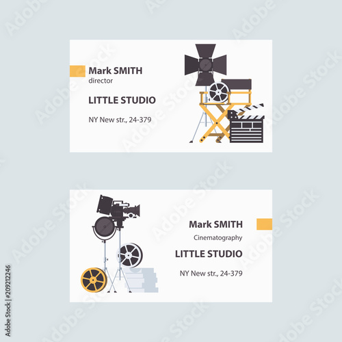Vector business cards with cinema filming tools like directors chair, spotlights, bobbin and clapper. Design for director and cinematographer on white background