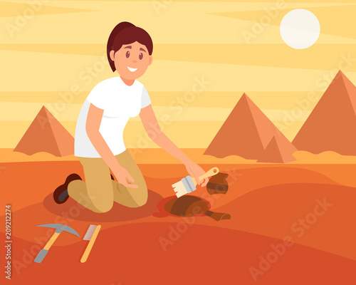 Young smiling woman sweeping dirt off old ceramic jug. Archaeologist working on excavation in sandy Egyptian desert. Flat vector design