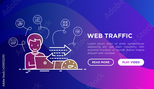 Web analyst monitors web traffic speed and sales growth concept with thin line icons. Modern vector illustration, web page template on gradient background.