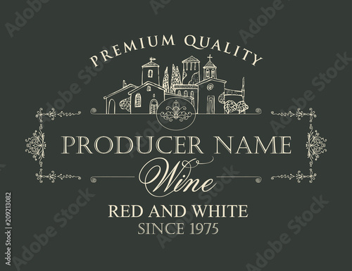 Vector wine label with calligraphic inscription and contour drawing of the European village in a frame with curls in retro style on black background
