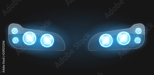 Realistic car headlight isolated on black background. Vector 3d illustration.