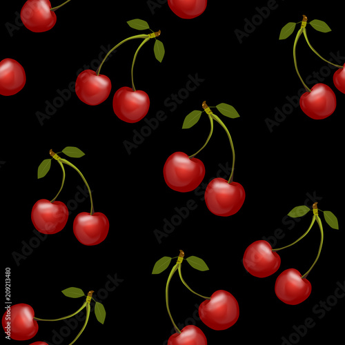 Watercolor illustration of red cherries set pattern isolated on white background. Cherry seamless pattern. 