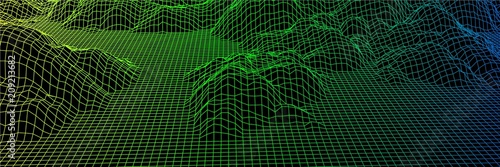 Digital landscape with mountains or hills made of line grid