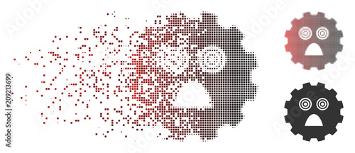 Vector afraid smiley gear icon in dispersed, pixelated halftone and undamaged whole variants. Disappearing effect involves rectangular dots and horizontal gradient from red to black.