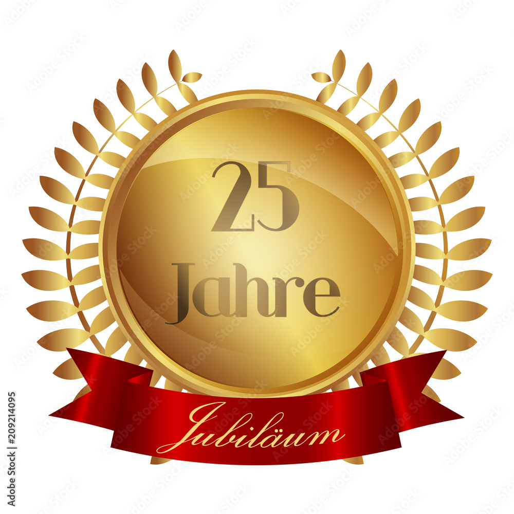 Medaille mit Lorbeeren und Banner - 25 Jahre - gold 3D