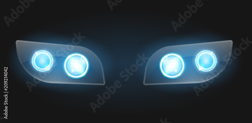 Realistic car headlight isolated on black background. Vector 3d illustration.