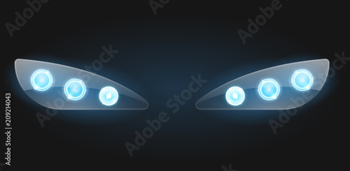 Realistic car headlight isolated on black background. Vector 3d illustration.