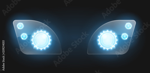 Realistic car headlight isolated on black background. Vector 3d illustration.