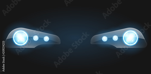 Realistic car headlight isolated on black background. Vector 3d illustration.