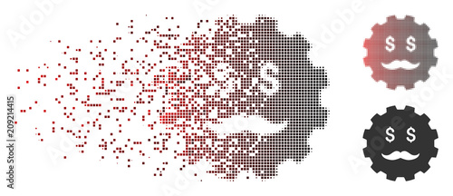 Vector investor smiley gear icon in sparkle, dotted halftone and undamaged whole versions. Disintegration effect involves rectangular scintillas and horizontal gradient from red to black. photo