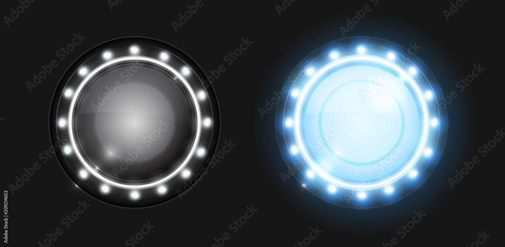 Realistic round glass lamp or car headlight isolated on black background. Vector 3d illustration.