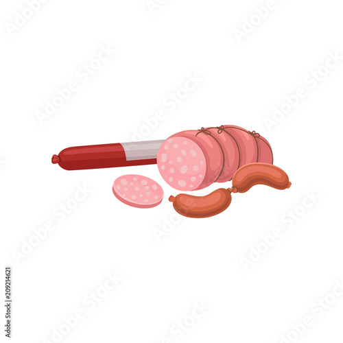 Sausages, pepperoni stick and pork ham in net. Fresh and organic products. Flat vector for poster of meat market or butcher shop