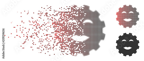 Vector lady pleasure smiley gear icon in sparkle, pixelated halftone and undamaged whole variants. Disappearing effect involves rectangle particles and horizontal gradient from red to black.