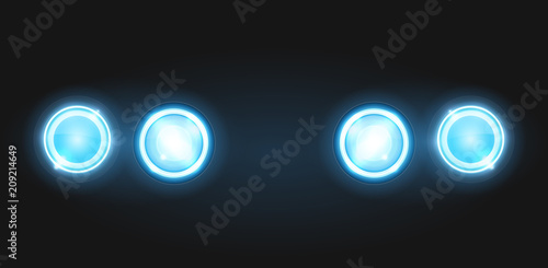 Realistic round glass lamp or car headlight isolated on black background. Vector 3d illustration.