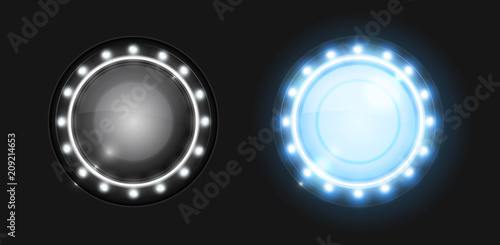 Realistic round glass lamp or car headlight isolated on black background. Vector 3d illustration.