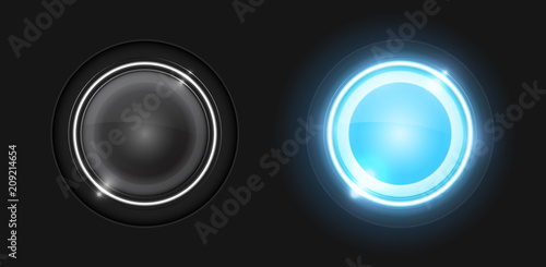 Realistic round glass lamp or car headlight isolated on black background. Vector 3d illustration.