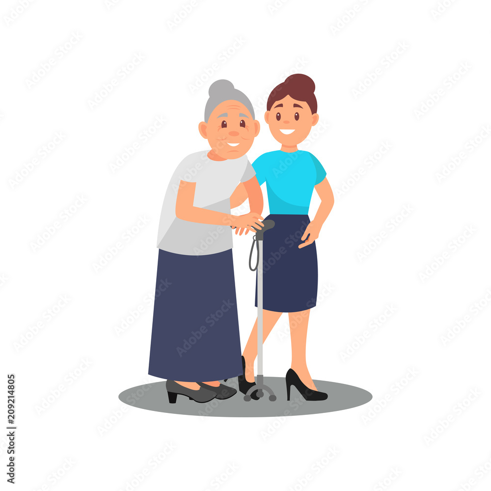 Young girl volunteer caring for elderly woman. Old lady with walking stick and social worker. Volunteering theme. Flat vector design Young girl volunteer caring for elderly woman. Old lady with walking stick and social worker. Volunteering theme. Flat vector design