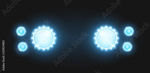 Realistic round glass lamp or car headlight isolated on black background. Vector 3d illustration.