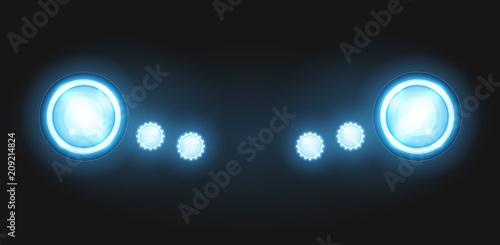Realistic round glass lamp or car headlight isolated on black background. Vector 3d illustration.