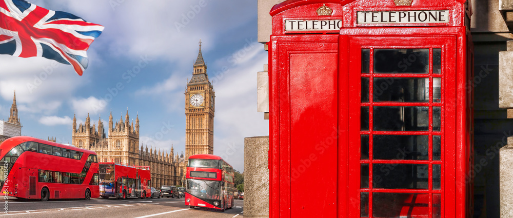 Naklejka premium Symbole Londynu z BIG BEN, DOUBLE DECKER BUS i Red Phone Booths w Anglii, Wielkiej Brytanii